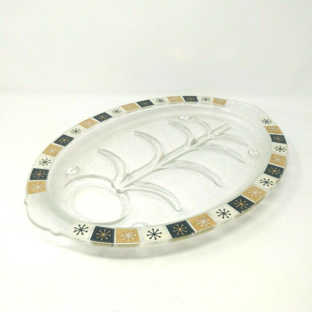 60's Vintage Inland Glass Meat Platter Atomic Tree of Life Starburst Gold MCM